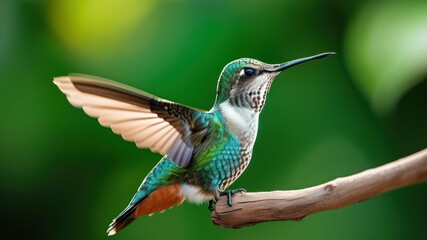 Obraz premium A vibrant hummingbird perched with its wings spread in a lush setting