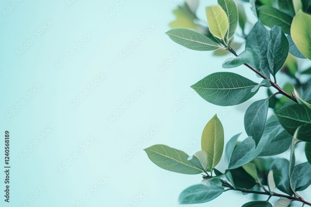 Poster fresh green leaves against a light blue background offering space for creative text and designs. gen