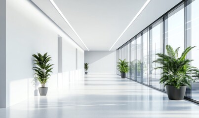 Fototapeta premium Modern Minimalist Office Corridor with Sunlight and Greenery
