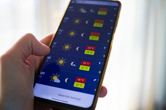person checking weather app summer heat