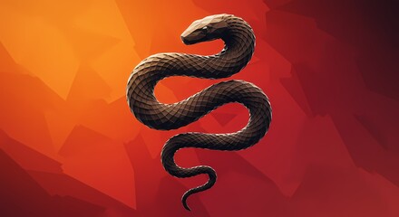 Obraz premium Abstract Low Poly Snake Design Dark Brown Reptile on Red Background 3D Render