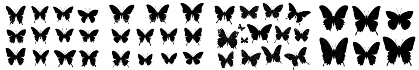 Obraz premium A collection of black butterfly silhouettes in flight, isolated on a white background.