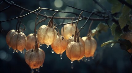 Vibrant orange flowers of Physalis, covered with dew, dangle gracefully from a slender tree branch in full bloom.