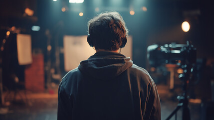 Fototapeta premium A film director wearing a casual yet professional outfit, standing in a dimly lit studio with a blurred film set in the background. The cinematic lighting gives a dramatic effect. 