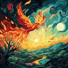 Fiery Phoenix Soaring Above a Serene Landscape