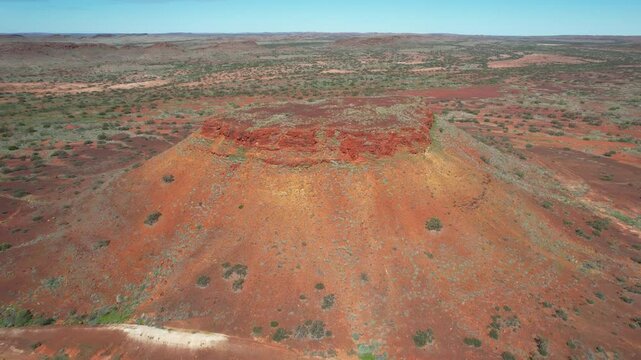 Aerial view of rugged rock formations in a barren desert landscape, N W Coastal Highway, Pilbara Region, Ashburton, Australia.