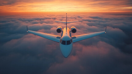 airplane in the sky at sunset