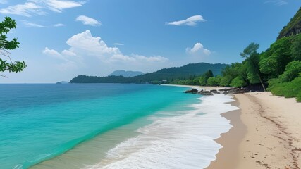 Fototapeta premium A serene beach with turquoise water and green foliage under a clear sky