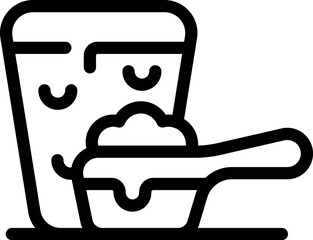 Laundry detergent in measuring scoop and container, simple black and white line drawing representing cleanliness and household chores