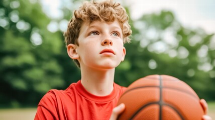 A boy in a red shirt holds a basketball, looking thoughtfully into the distance against a blurred green background.