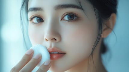 An Asian woman removing makeup with a cotton pad and micellar water, with soft lighting and an empty area for text placement