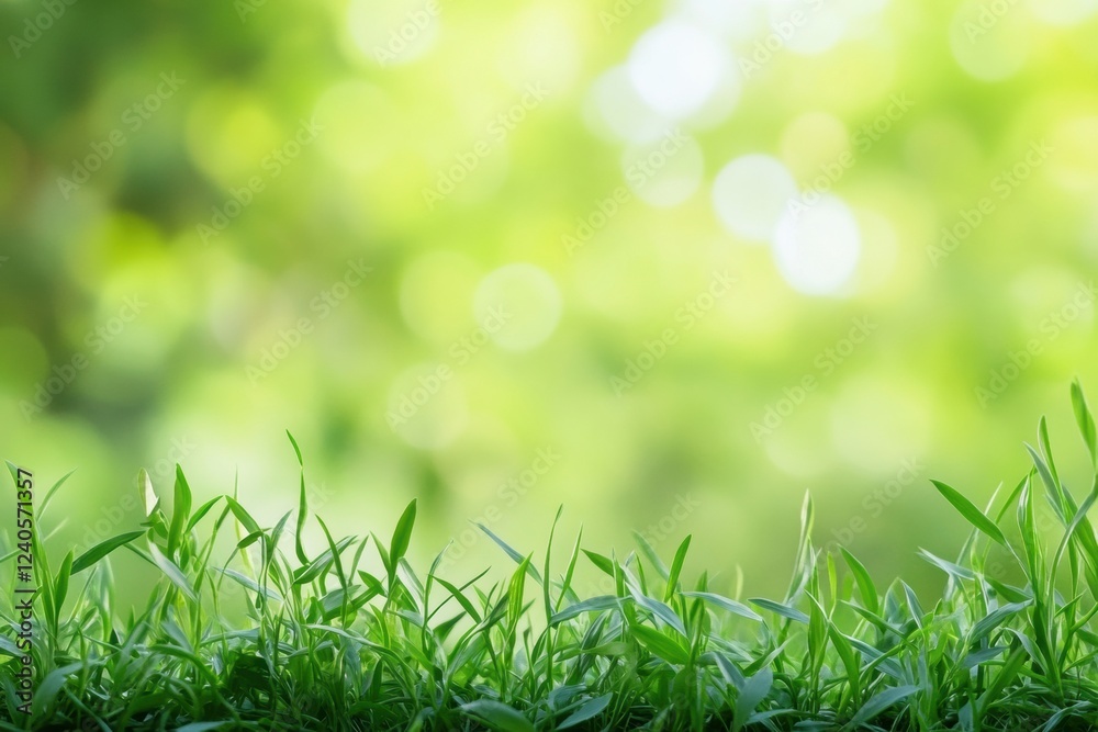 Leinwandbilder green grass fills the bottom of a bright natural landscape with blurred background creating a serene