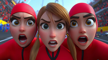 Obraz premium Dynamic animated characters in bold red-themed outfits with expressive faces, showcasing intensity, determination, and teamwork in a vibrant, action-packed scene. 