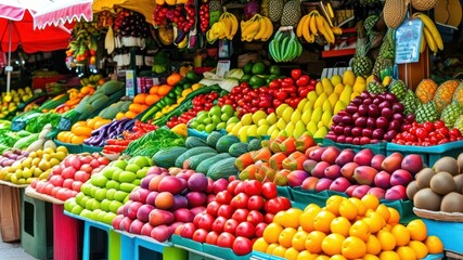 Vibrant market display of fresh fruits and vegetables