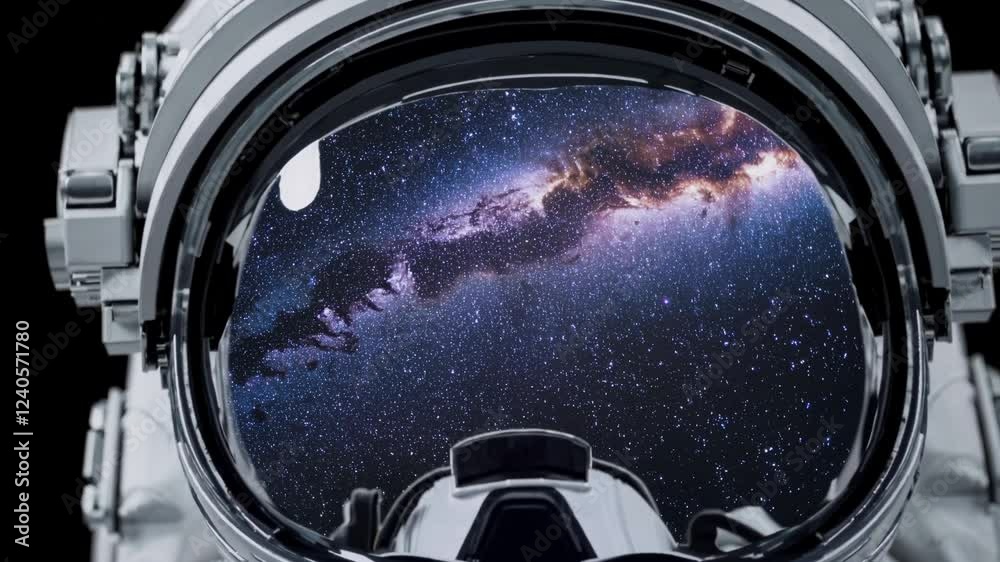Poster a close-up of an astronaut’s reflective visor showing the vast expanse of the milky way, capturing a