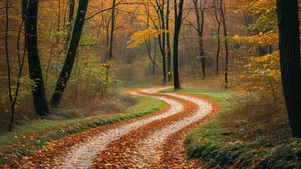 Fototapeta premium Winding forest path covered with autumn leaves in a serene setting