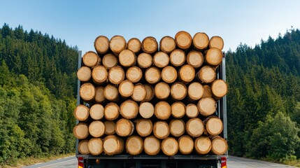 Neatly stacked wood logs on a flatbed truck transporting forestry cargo through a rural landscape  The sustainable transport of natural materials from the forest to industry