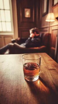 A depressed man is sitting on a couch. Drinker, addict. Vertical video.