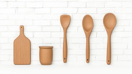 Minimalist Kitchen Tools Set   Clean and Elegant Wooden Cooking Utensils Arrangement  Flat lay of natural wooden spoons spatula and chopping board on white background with minimalist design