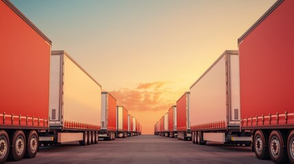 Sunset Logistics A Scenic View of Trucks and Trailers on the Highway Transporting Cargo Through the Colorful Evening Sky