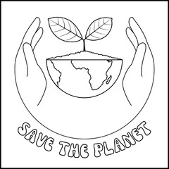 Vector black and white with hand holding globe template illustration. Earth day coloring page. Save the planet. Environment friendly icon.