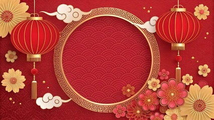 Festive Chinese New Year Background with Lanterns and Flowers