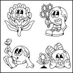 Vector black and white line template with globe character ecological illustration plant. Earth day coloring page. Environment friendly icon.