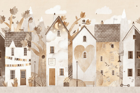 Cute summer sity. Watercolor illustration. Wallpaper for children's room. Beautiful houses in the old town with mountains in the background. Seamless pattern.