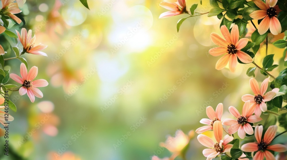 Poster beautiful spring blossoms frame a serene background filled with soft sunlight and vibrant greenery. 