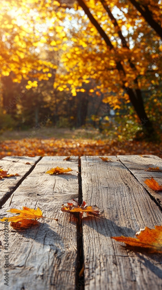 Poster Sunlight filters through trees, casting a golden glow on fallen leaves spread across a weathered wooden deck. Autumn's beauty captivates the serene landscape