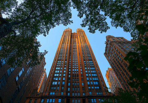 Fototapeta Blue skies and tall buildings seen from below, wide-angle, low-angle perspective, skyscrapers, business district, cityscape, urban architecture, blue sky, office building, corporate skyline, skyscrape