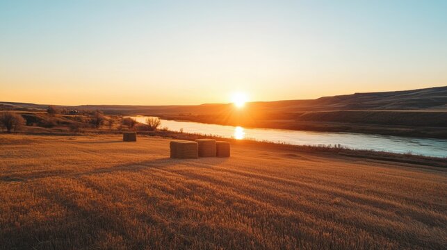 Tranquil sunset over rural fields with hay bales and river landscape