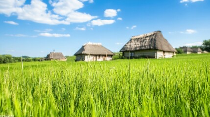 Obraz premium Rural landscape with traditional thatched roof cottages and lush green fields under blue sky