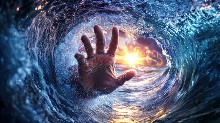 Fototapeta premium Surfer Expertly Riding a Massive Powerful Wave at Sunset Over a Breathtaking Ocean Landscape with Vivid Sky and Dramatic Lighting