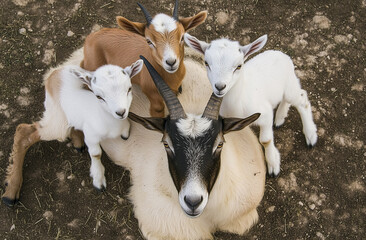 Fototapeta premium Adult Goat with Three Kid Goats on Ground