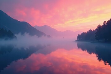 Obraz premium Pink and orange hues illuminate low-hanging fog above tranquil water , view, sunrise