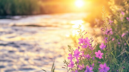 Obraz premium Blooming Wildflowers Along the Riverbanks at Sunset