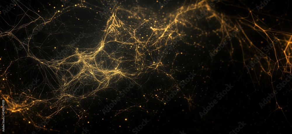 Poster abstract golden neural network structure with glowing connections and particles, representing techno