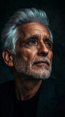 Fototapeta premium A distinguished older man with silver hair and a beard looks upward, his expressions hinting at a rich life filled with stories. Shadows play across his face, enhancing the depth of his gaze
