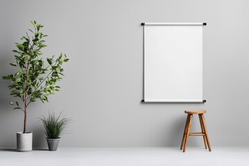 Minimalist studio shot of a white roll up banner displayed on a plain gray wall background with a potted green plant creating a clean and modern scene for advertising branding or product showcase