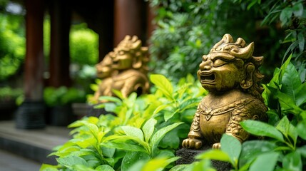 Obraz premium Tranquil garden with ornate statues and lush greenery in a serene setting