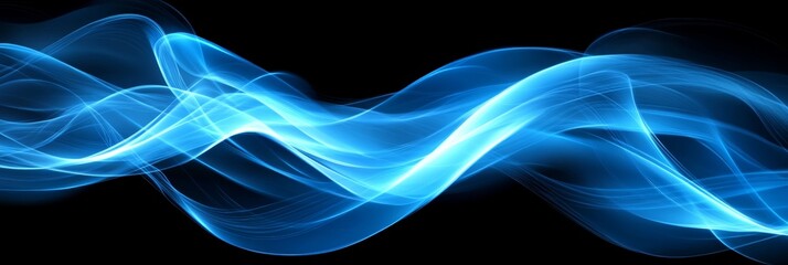 Abstract Glowing Blue Wave Design on Black Background - Smooth Wavy Elegant Shape With Copy Space