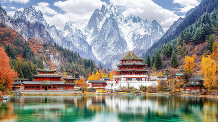 Fototapeta premium Snowy mountain peaks tower over a traditional pagoda surrounded by colorful autumn trees, reflecting the harmony of cultural heritage and breathtaking natural landscapes. 