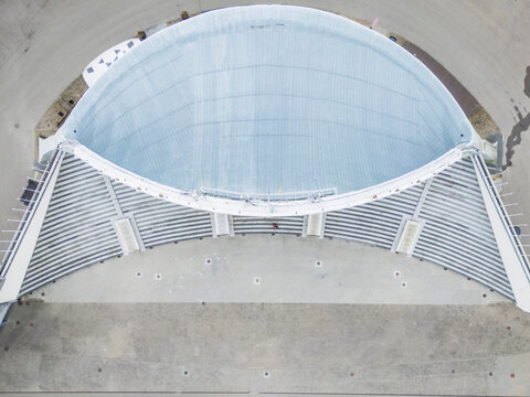 Aerial view of Vingio park with modern structures and a disc golf course, Vilnius, Lithuania.