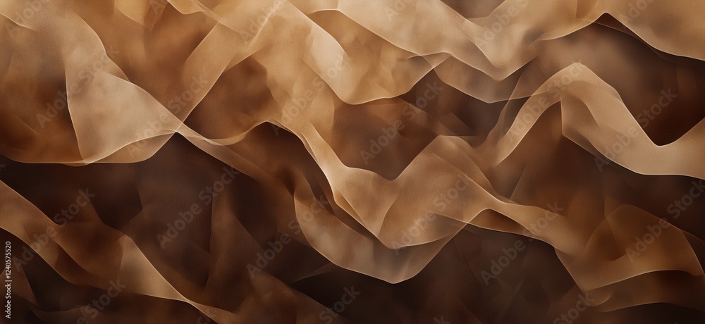 Poster abstract wavy texture in warm brown tones, showcasing layered translucent forms and soft gradients, 