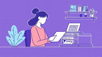A minimalistic line art illustration of a woman printing documents in an office setting. The scene includes essential office elements such as a desk, shelves, and a printer station, maintaining a clea