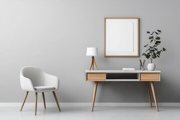 Minimalist and Cozy Workspace with Wall Frame and Plant Decor A clean and organized interior design that promotes productivity creativity and a relaxing ambiance for work or study