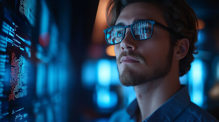 A young software developer in casual business attire, standing in a modern coworking space with digital code reflections on his glasses. High-tech environment with LED screens in the background.