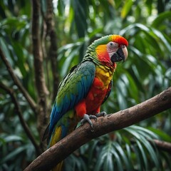 Obraz premium A colorful parrot perched on a tree branch in a tropical rainforest.
