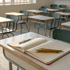 Empty classroom desk with a book and pencils.